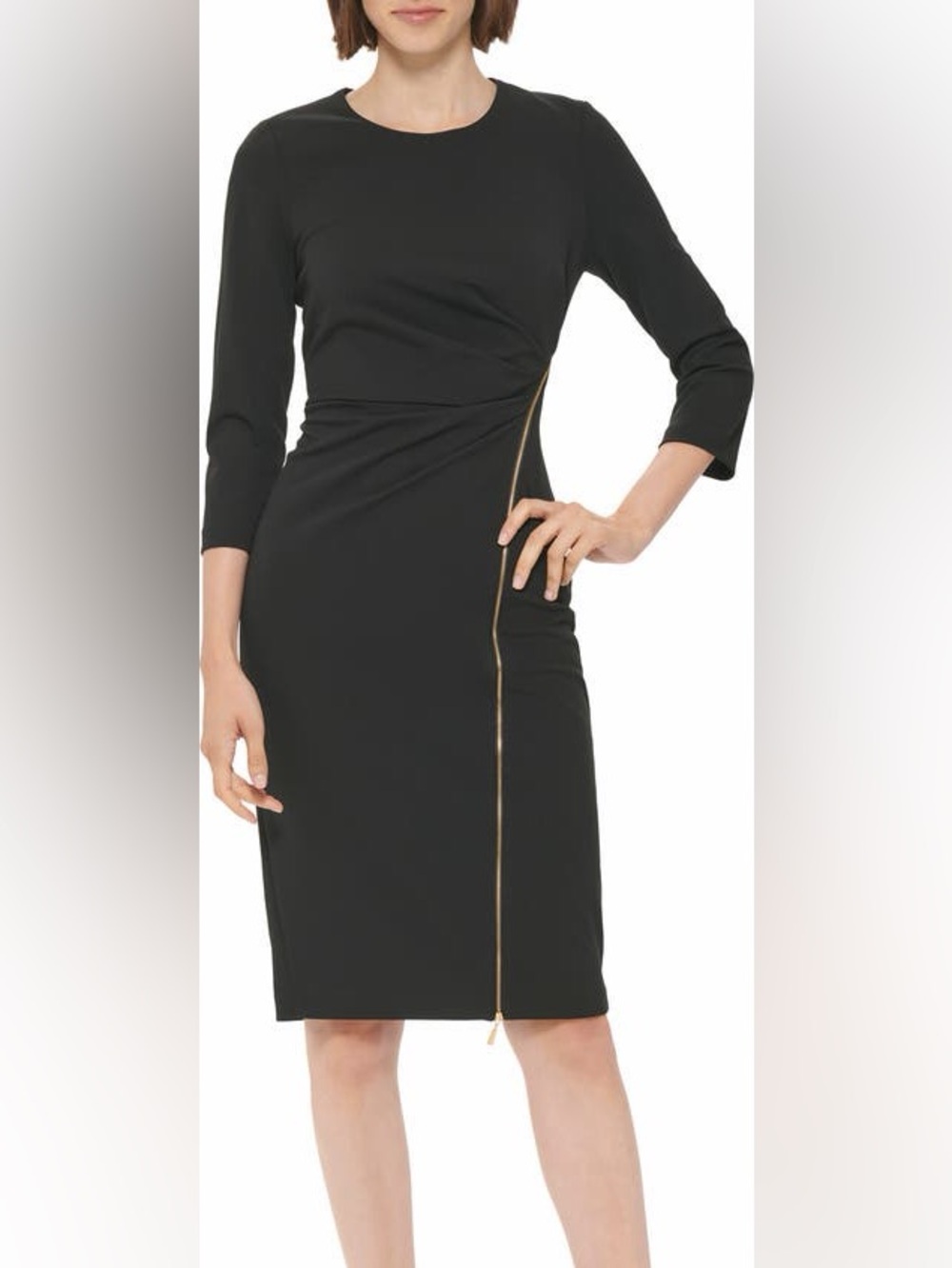 Calvin Klein Black Sheath Dress with Asymmetric Gold Zip
